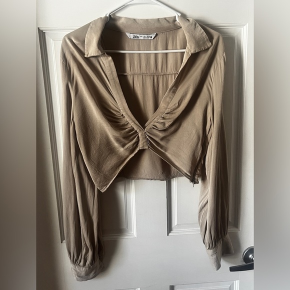 Zara Tops - Zara Ruched Long Sleeve Crop Top Beige/Tan Size L